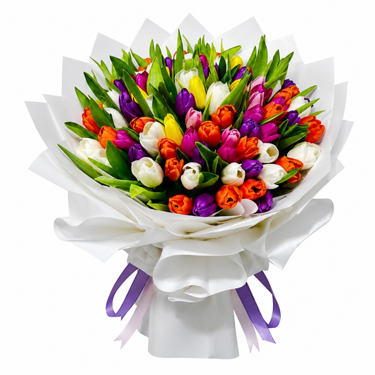 100 Mixed Tulips Bouquet with pink, purple, orange, yellow and white tulips for same-day flower delivery in Kuwait.