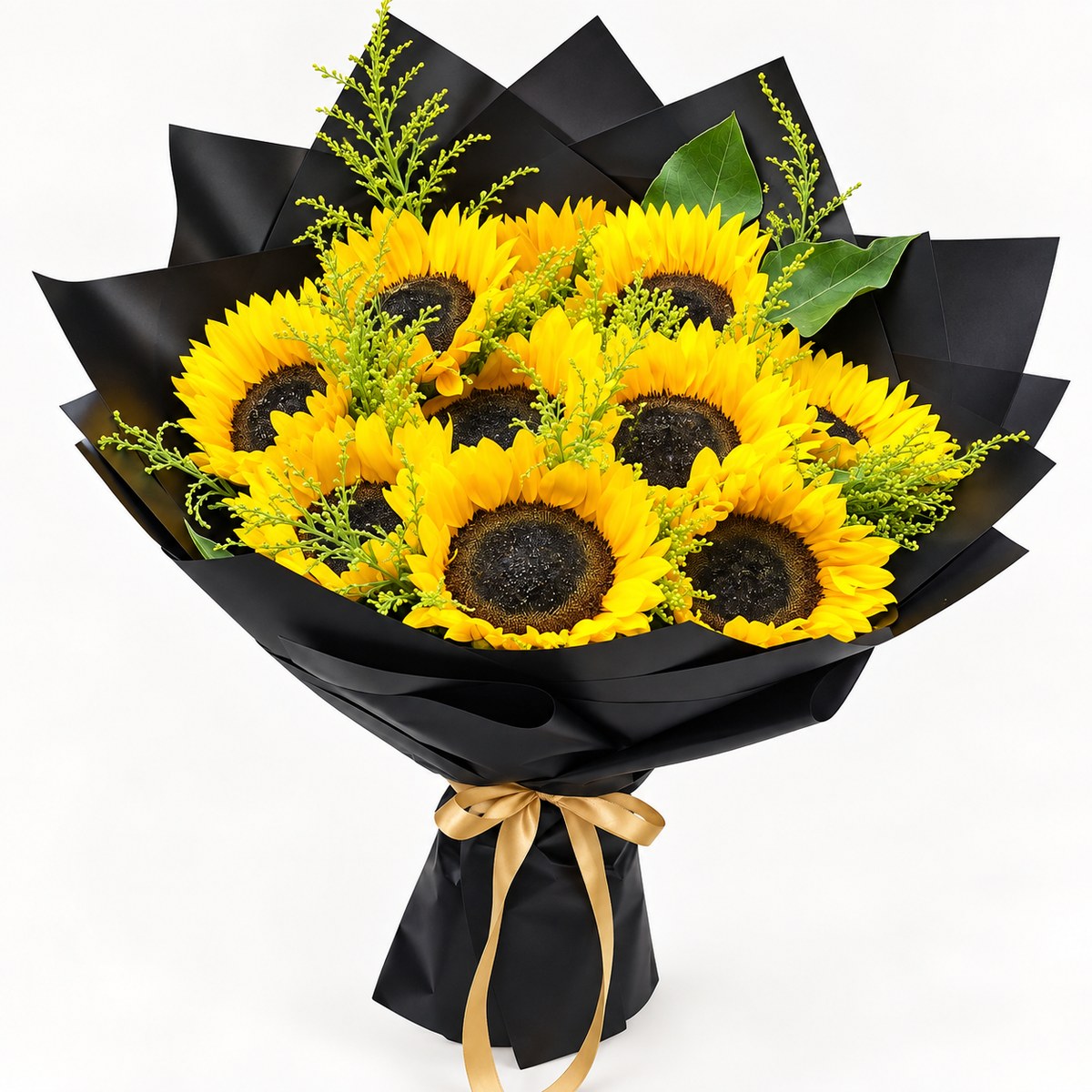 10 fresh sunflowers bouquet with elegant black wrapping and solidago