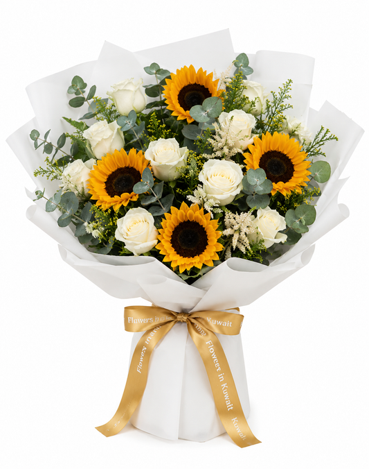 0 White Roses & 5 Sunflowers Bouquet with same-day flower delivery in Kuwait, freshness guaranteed.