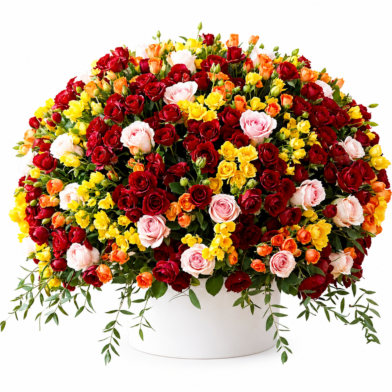 100 Mixed Baby Roses Flower Box with red, yellow, orange, peach and pink baby roses arranged in a luxury flower box for same-day flower delivery in Kuwait.
