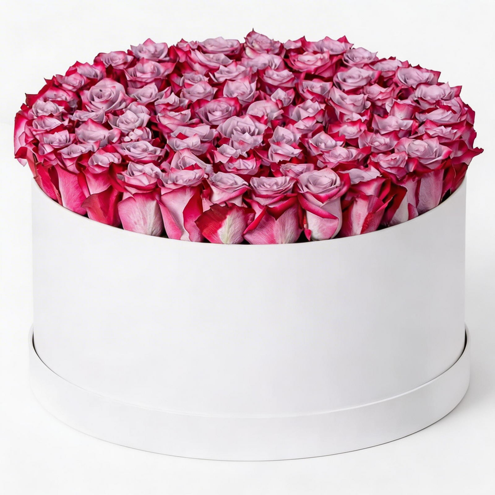 100 premium purple roses arranged in a luxury white flower box, perfect for all occasions with same-day flower delivery in Kuwait.