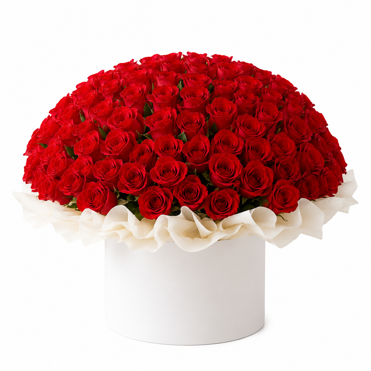 Luxury 100 red roses flower box for online orders worldwide with same-day flower delivery in Kuwait.