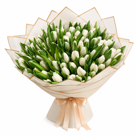 100 White Tulips Bouquet with elegant designer wrapping for same-day flower delivery in Kuwait.