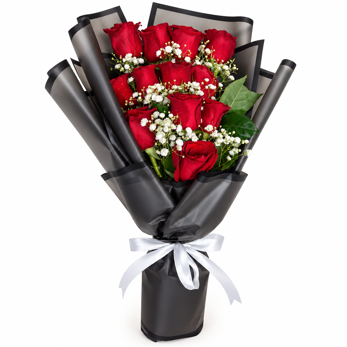 12 red roses bouquet with black wrapping, baby's breath and white ribbon