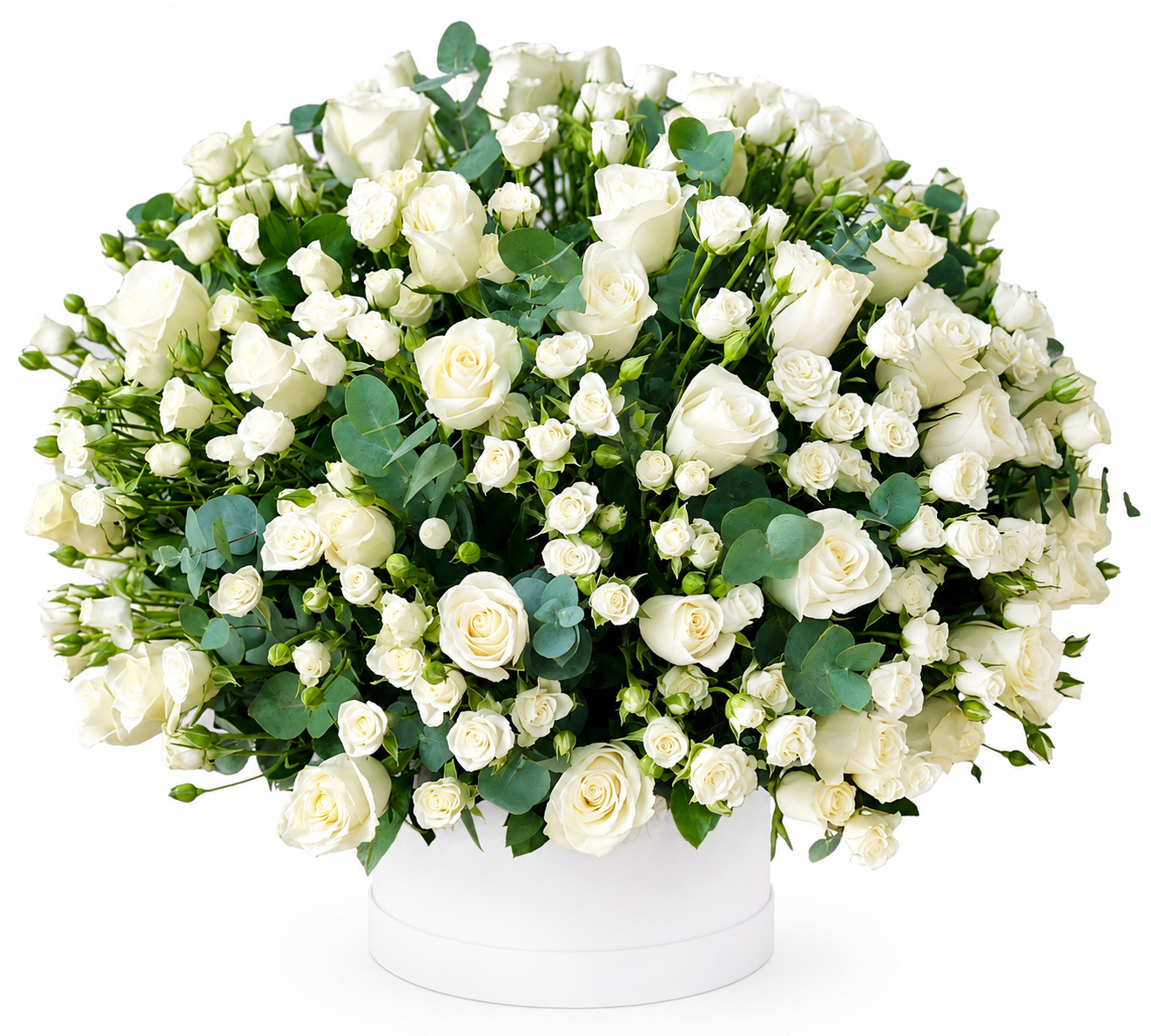 Luxury White Roses Flower Box with 100 white baby roses, 30 premium white roses, white fever flowers and eucalyptus in a luxury white flower box for same-day flower delivery in Kuwait.