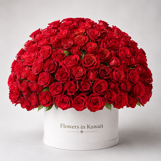 200 luxury red roses arranged in a white flower box with same-day roses delivery across Kuwait. Buy from Flowers in Kuwait.