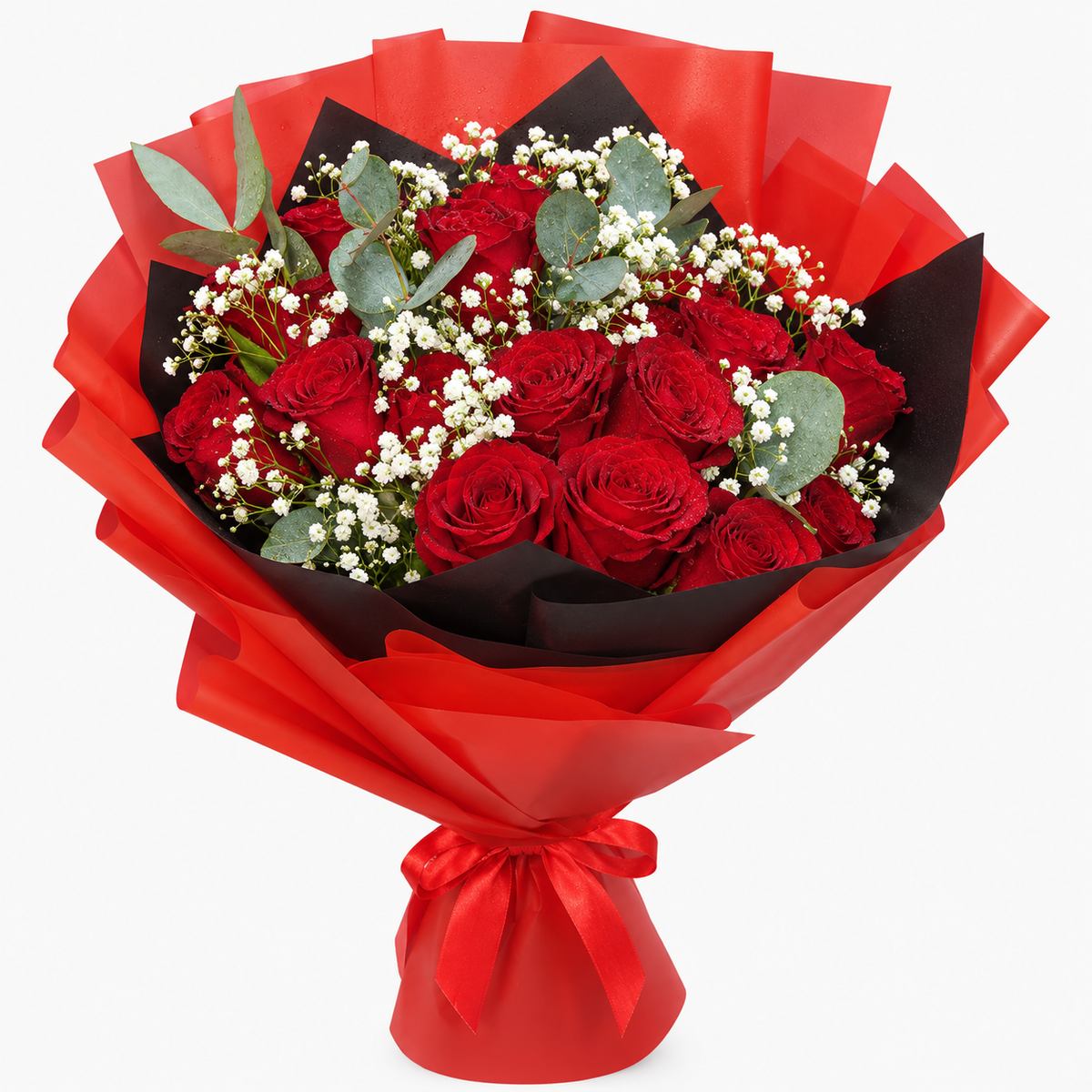 21 red roses bouquet with red and black wrapping, baby’s breath and greenery