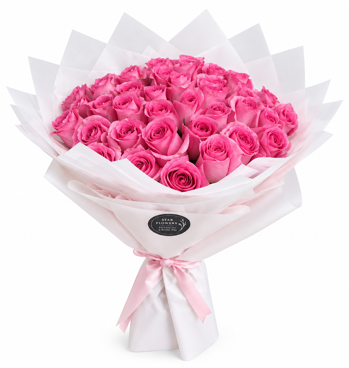 Blush pink roses bouquet with 25 fresh roses, white wrapping and pink satin ribbon in Kuwait