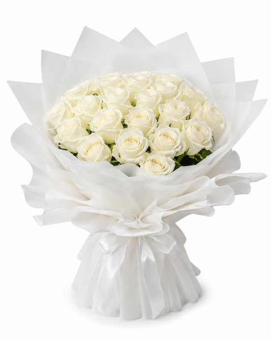 25 white roses bouquet for Valentine's Day or Mother's Day, with premium flower delivery Kuwait.