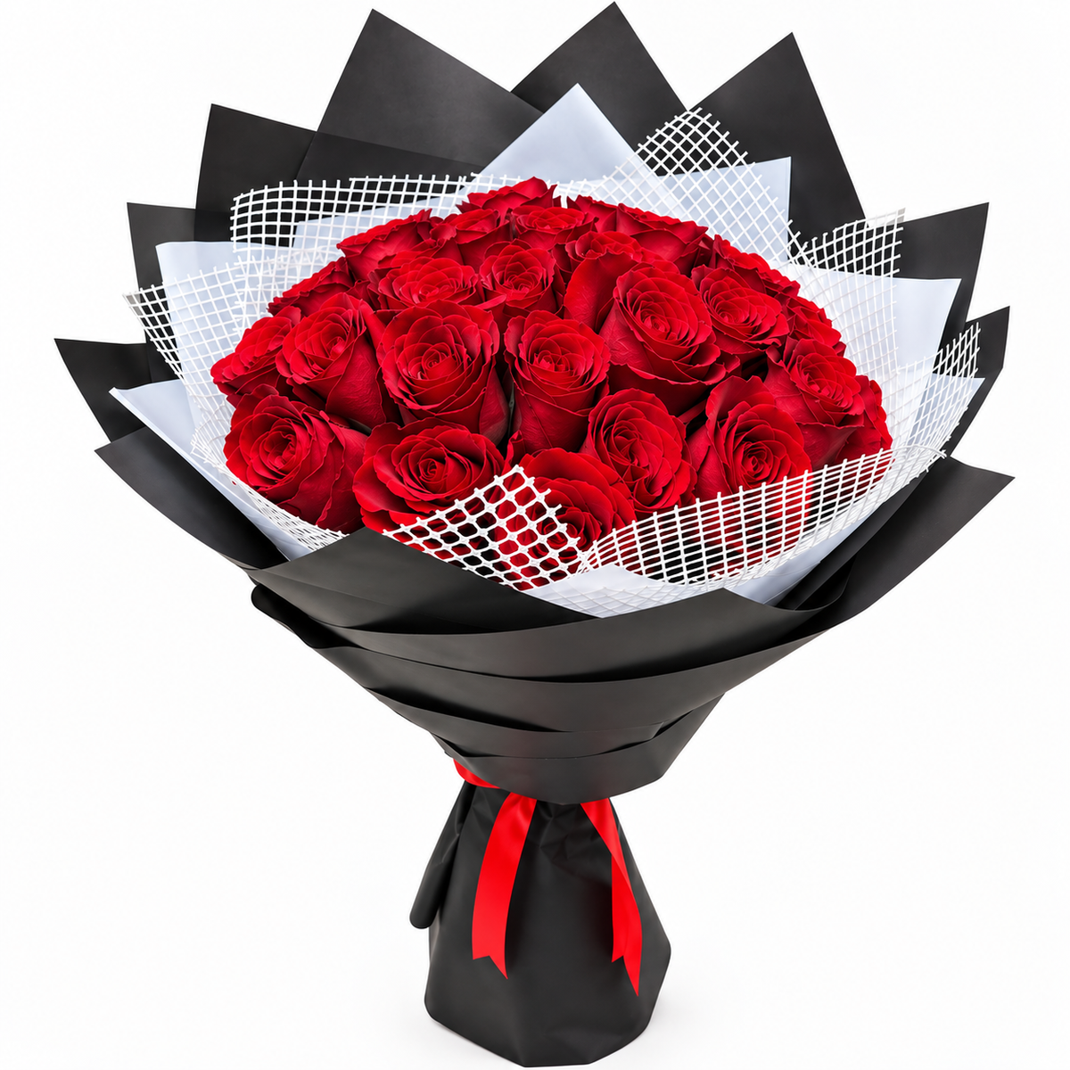 25 red roses bouquet with black wrapping