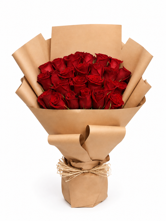 25 fresh red roses beautifully arranged in a luxury bouquet with same-day roses delivery in Kuwait.
