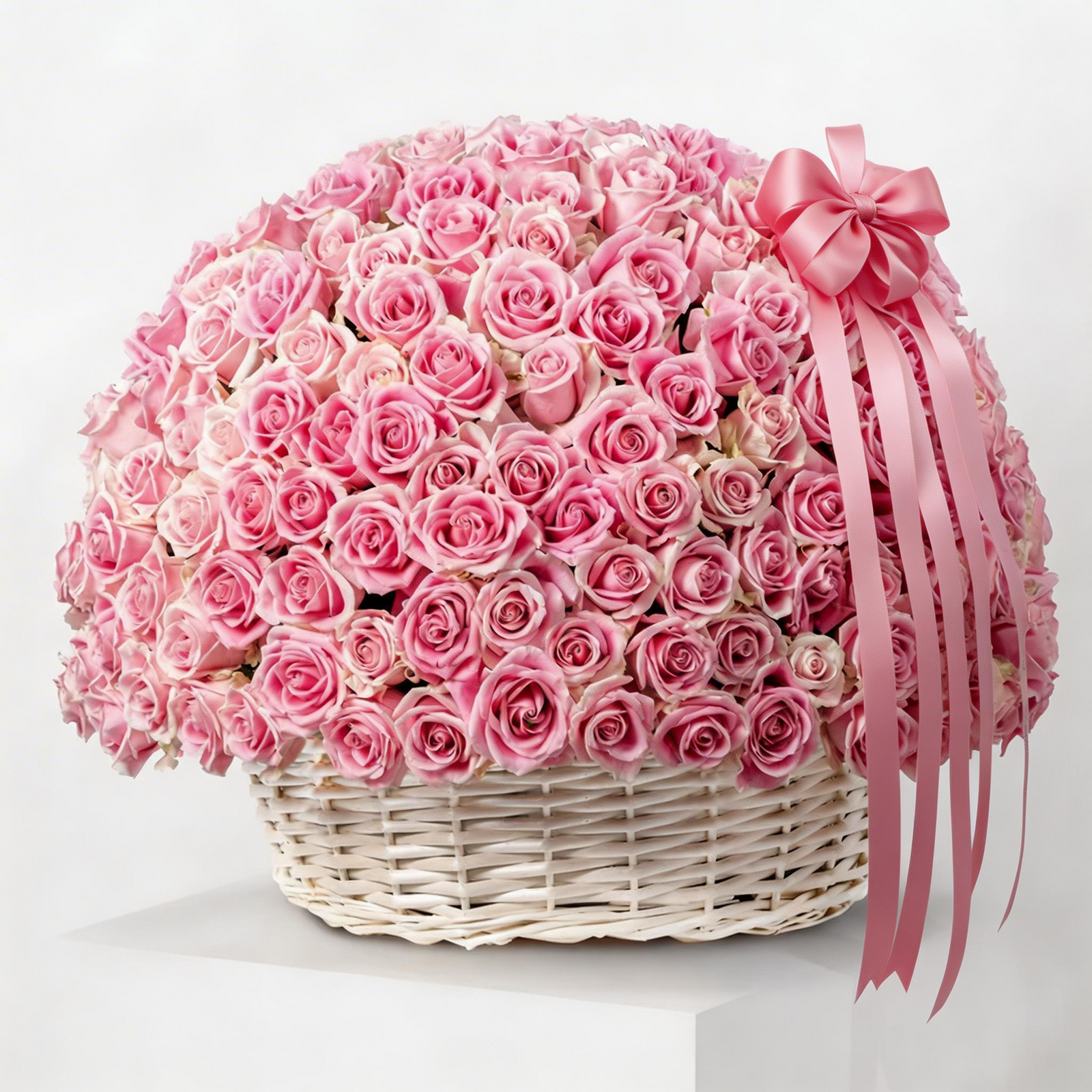 365 fresh premium pink roses arranged in a luxury flower basket for same-day flower delivery in Kuwait.