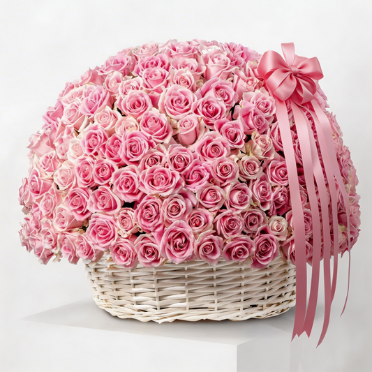 365 fresh premium pink roses arranged in a luxury flower basket for same-day flower delivery in Kuwait.