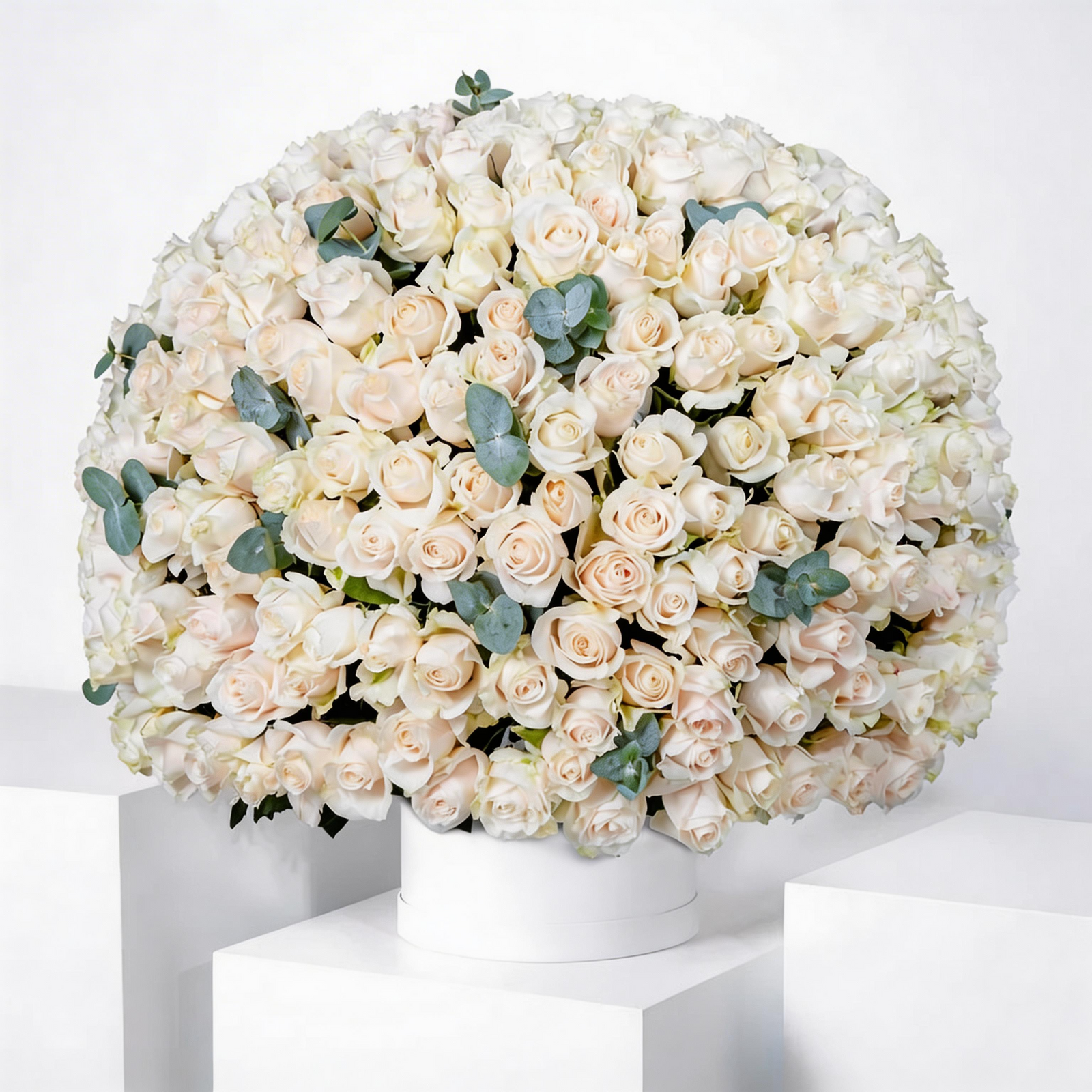 365 white roses in a white flower box with eucalyptus | Flower Delivery Kuwait