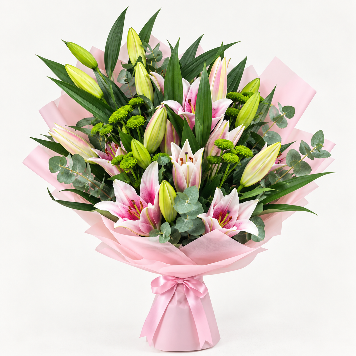 5 pink lilies bouquet with green button flowers and pink wrapping