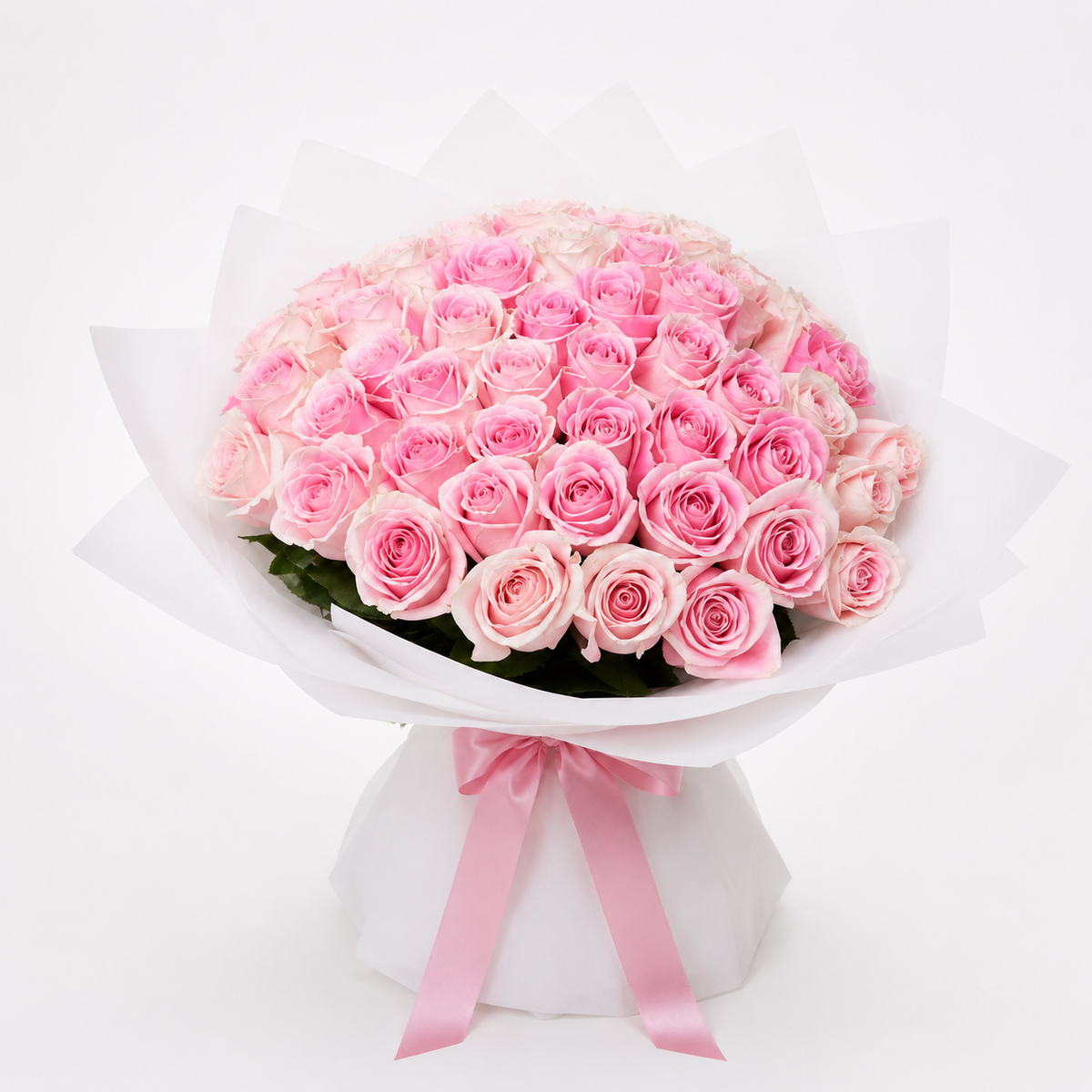 50 pink roses bouquet with luxury white wrapping in Kuwait
