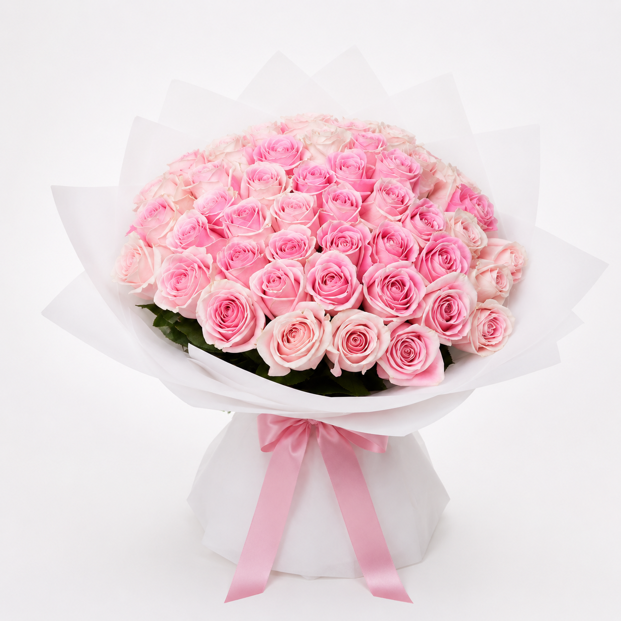 50 pink roses bouquet with luxury white wrapping in Kuwait