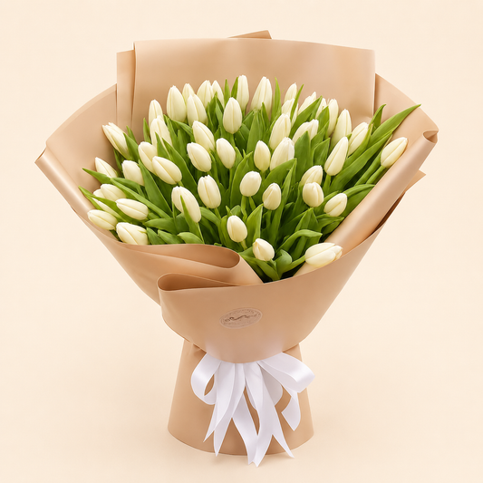 50 White Tulips Bouquet with brown wrapping for same-day flower delivery in Kuwait.