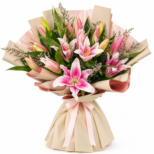 Luxury bouquet of 6 fresh pink lilies for same-day flower delivery in Salmiya, Hawally, Fahaheel, Mangaf, and  All Kuwait .