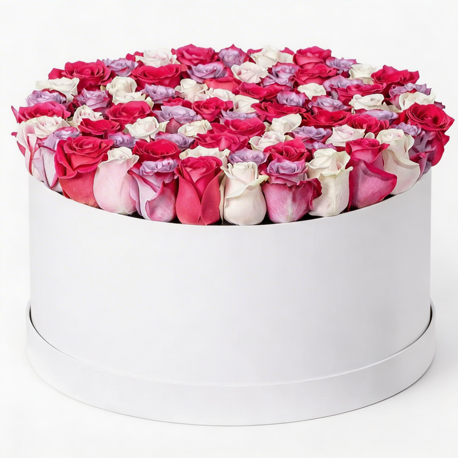 60 mixed red, white, pink, and purple roses arranged in a luxury white flower box with same-day flower delivery in Kuwait.