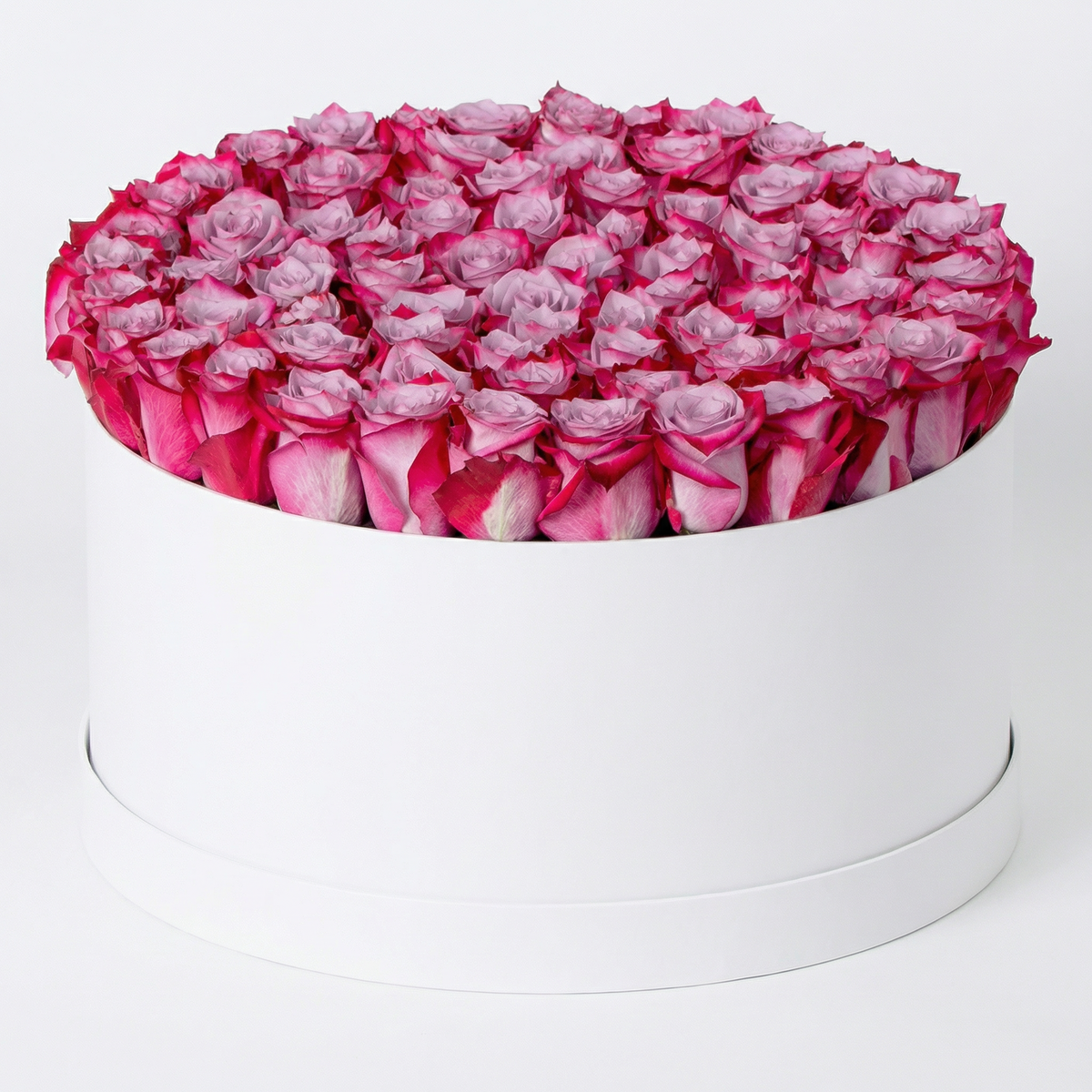 60 Purple Roses Flower Box with fresh premium purple roses arranged in a luxury white flower box.