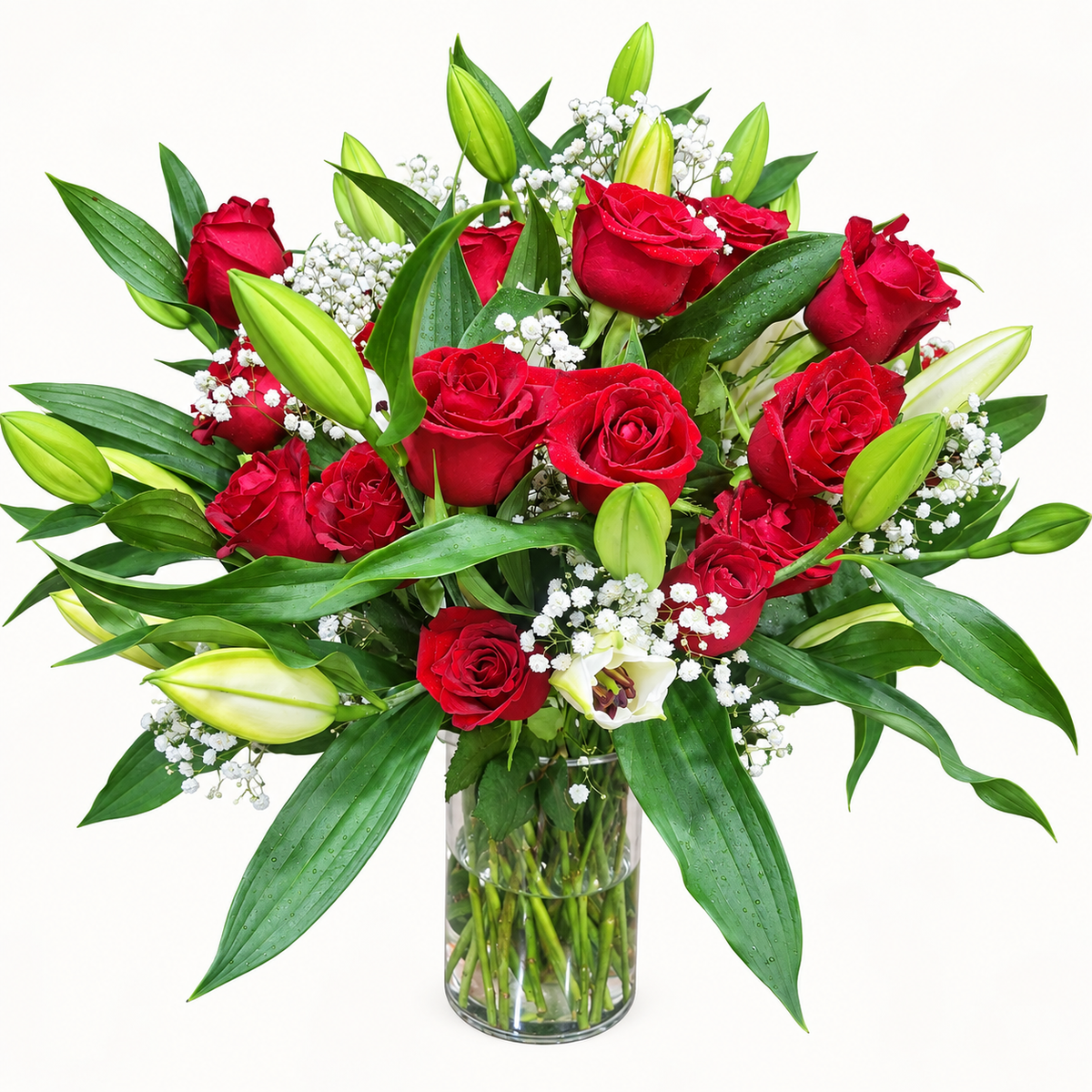 7 white lilies and 10 red roses with gypsophila in a glass vase