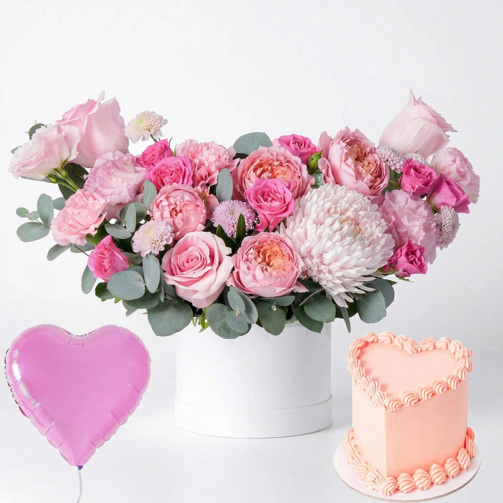 Petite Pink Floral Hatbox with Heart Cake & Balloon – Birthday Gift Set