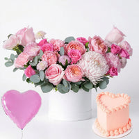 Petite Pink Floral Hatbox with Heart Cake & Balloon – Birthday Gift Set