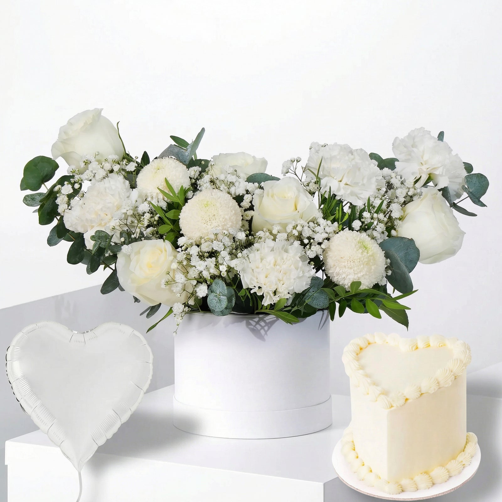 Petite Ivory Floral Hatbox Gift Set with Heart Cake & Balloon