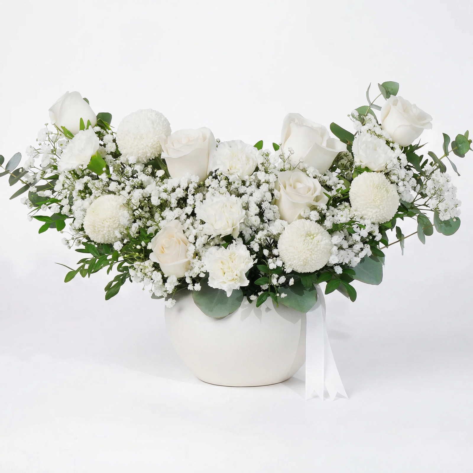 Elegant White Floral Vase Arrangement with Roses and Carnations