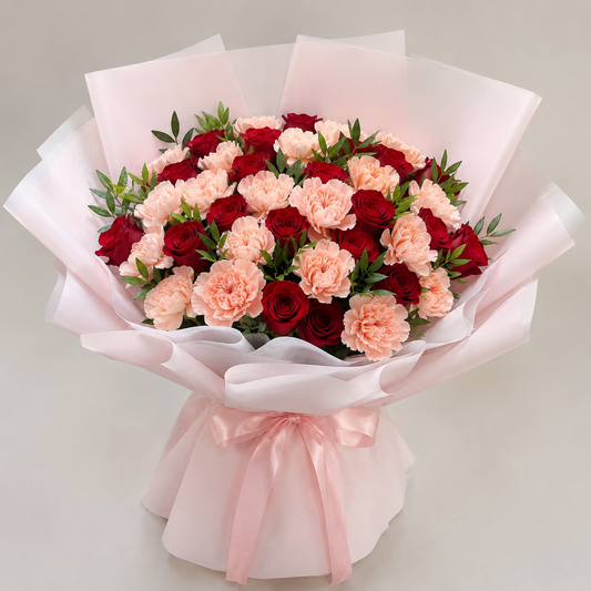 Peach Carnation and Red Roses Bouquet