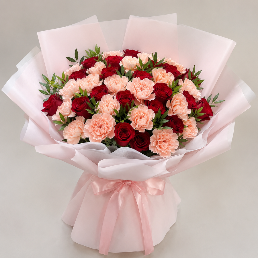 Peach Carnation and Red Roses Bouquet
