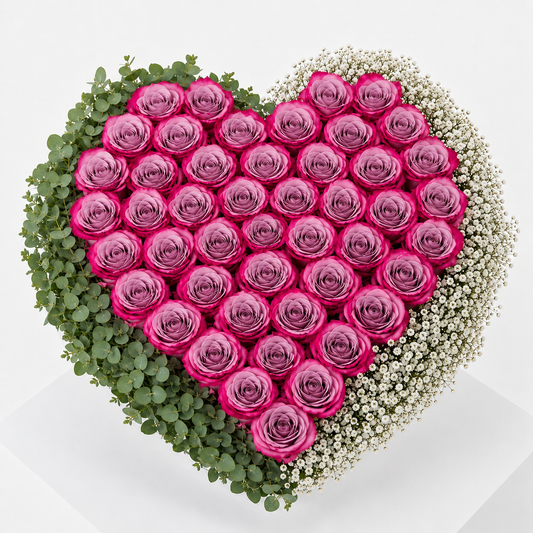 Luxury Purple Rose Heart Floral Arrangement – 50 Premium Roses