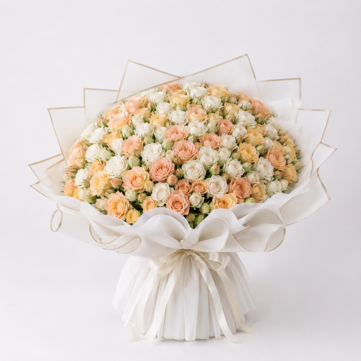 Peach & White Baby Rose Harmony Bouquet – 70 Spray Roses