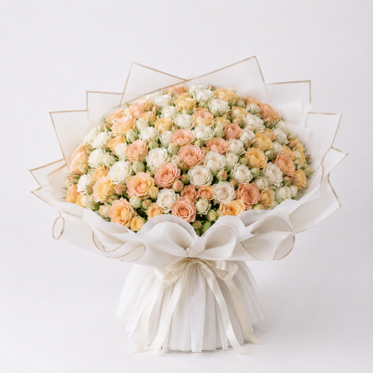 Peach & White Baby Rose Harmony Bouquet – 70 Spray Roses