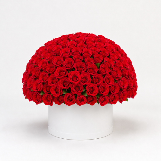 Royal 200 Red Roses Luxury Box with 200 fresh premium red roses in a luxury round white flower box in Kuwait
