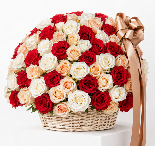 Red & White Roses Flower Basket