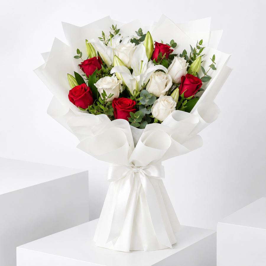 Red & White Rose Lily Luxury Bouquet