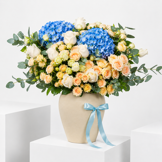 Premium Blue Hydrangea & Rose Vase Arrangement