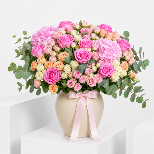 Premium Pink Roses & Hydrangea Vase Arrangement