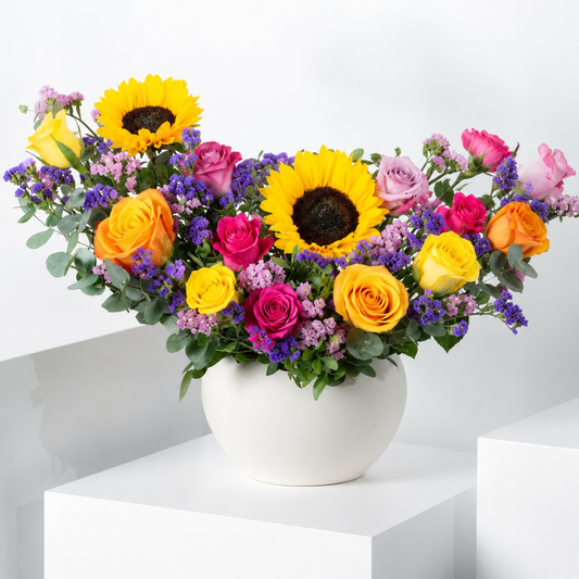 Premium Sunflowers & Rainbow Roses Vase Arrangement