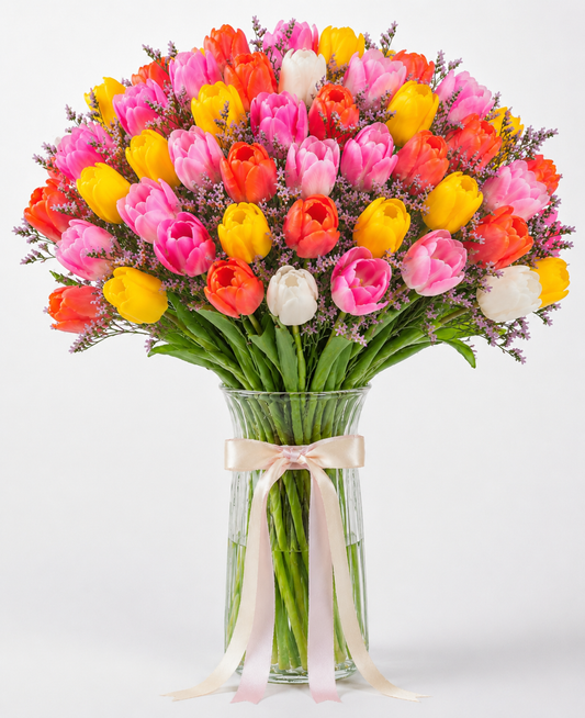 Premium 50 Mixed Color Tulips in Glass Vase