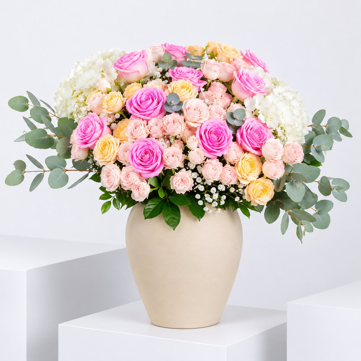 Premium Pastel Roses & Hydrangea Vase Arrangement
