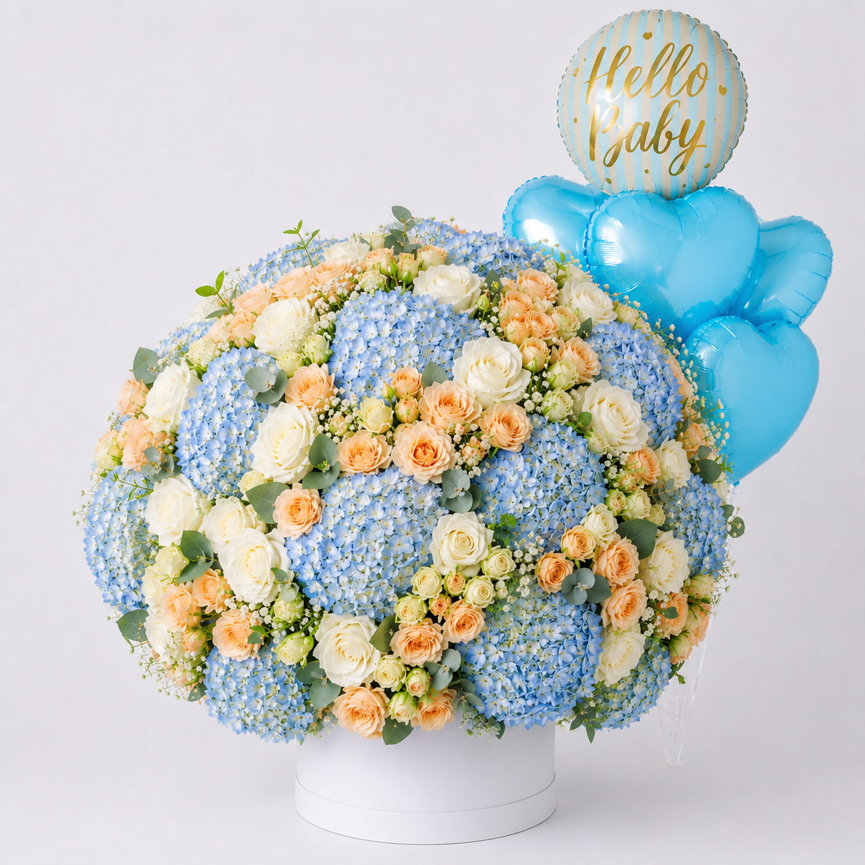 Luxury Blue Hydrangea Baby Boy Flower Box with Balloons | Hello Baby Floral Arrangement