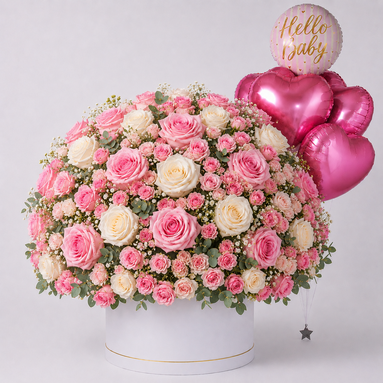 Baby Girl Flowers Kuwait – Luxury Pink & White Rose Box with Hello Baby Balloons
