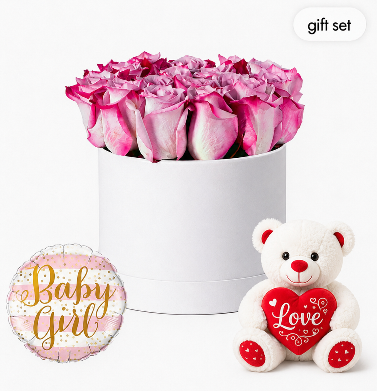 Baby Girl Rose Gift Box with Teddy Bear & Balloon