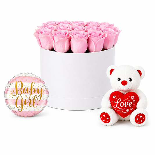 Baby Girl Pink Rose Gift Box with Teddy Bear & Balloon