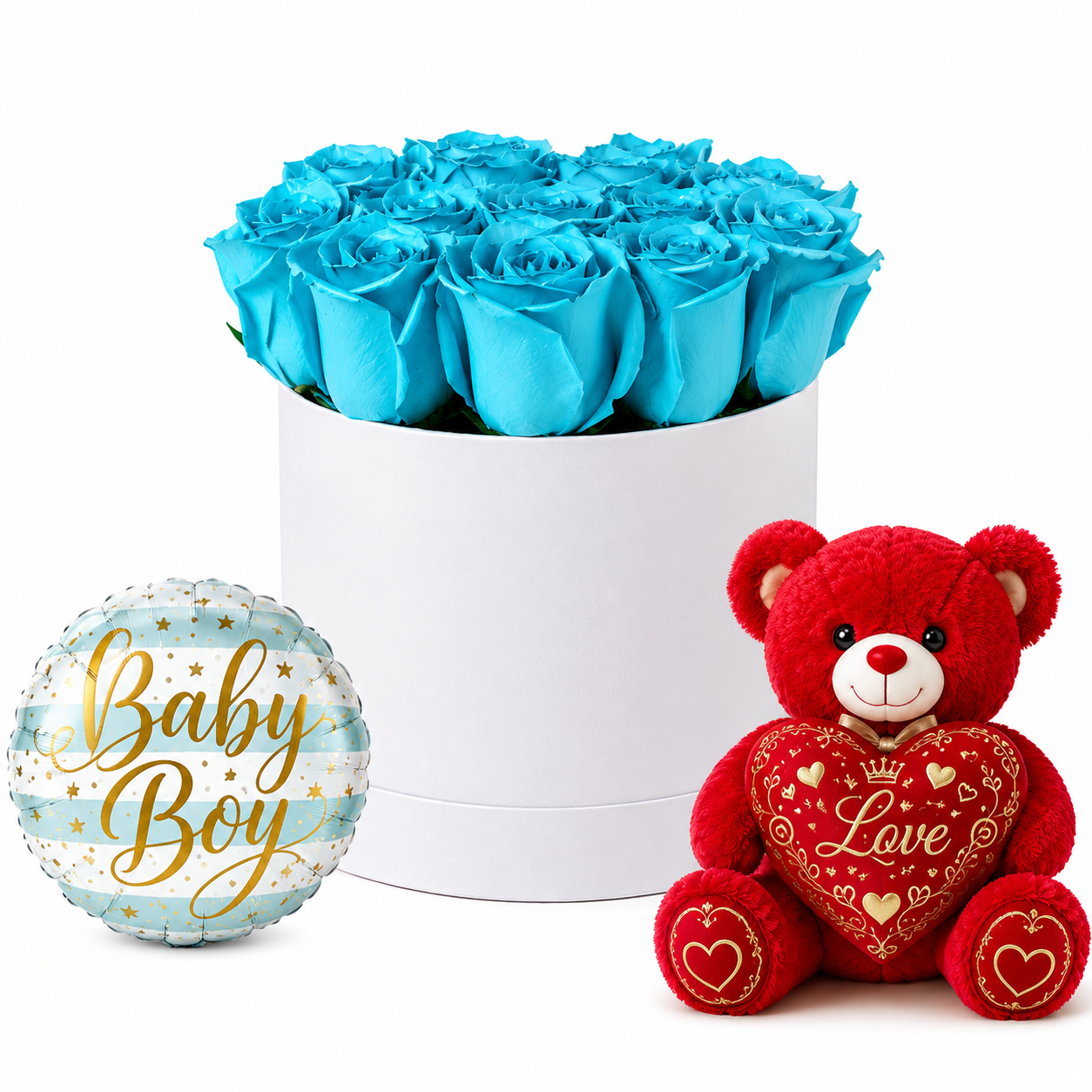 Baby Boy Blue Painted Rose Gift Box with Teddy Bear & Balloon