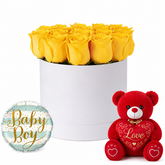 Baby Boy Yellow Rose Gift Box with Red Teddy Bear & Balloon