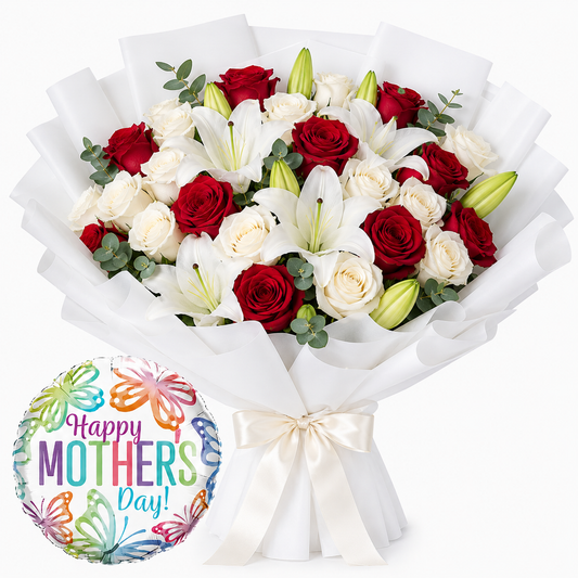 Luxury Mother's Day Roses & Lilies Bouquet with Balloon